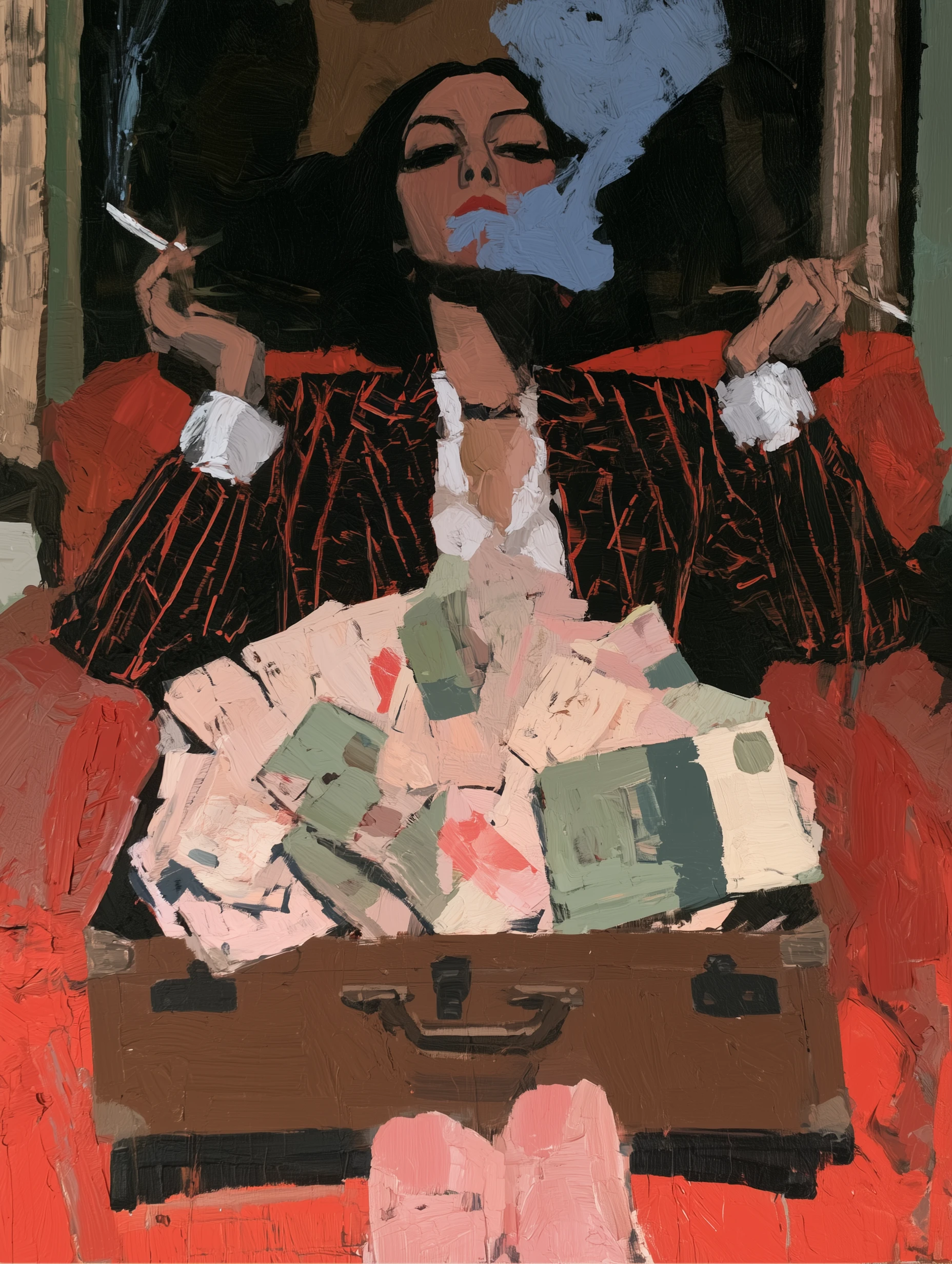 A woman behind an open suitcase filled with colourful papers