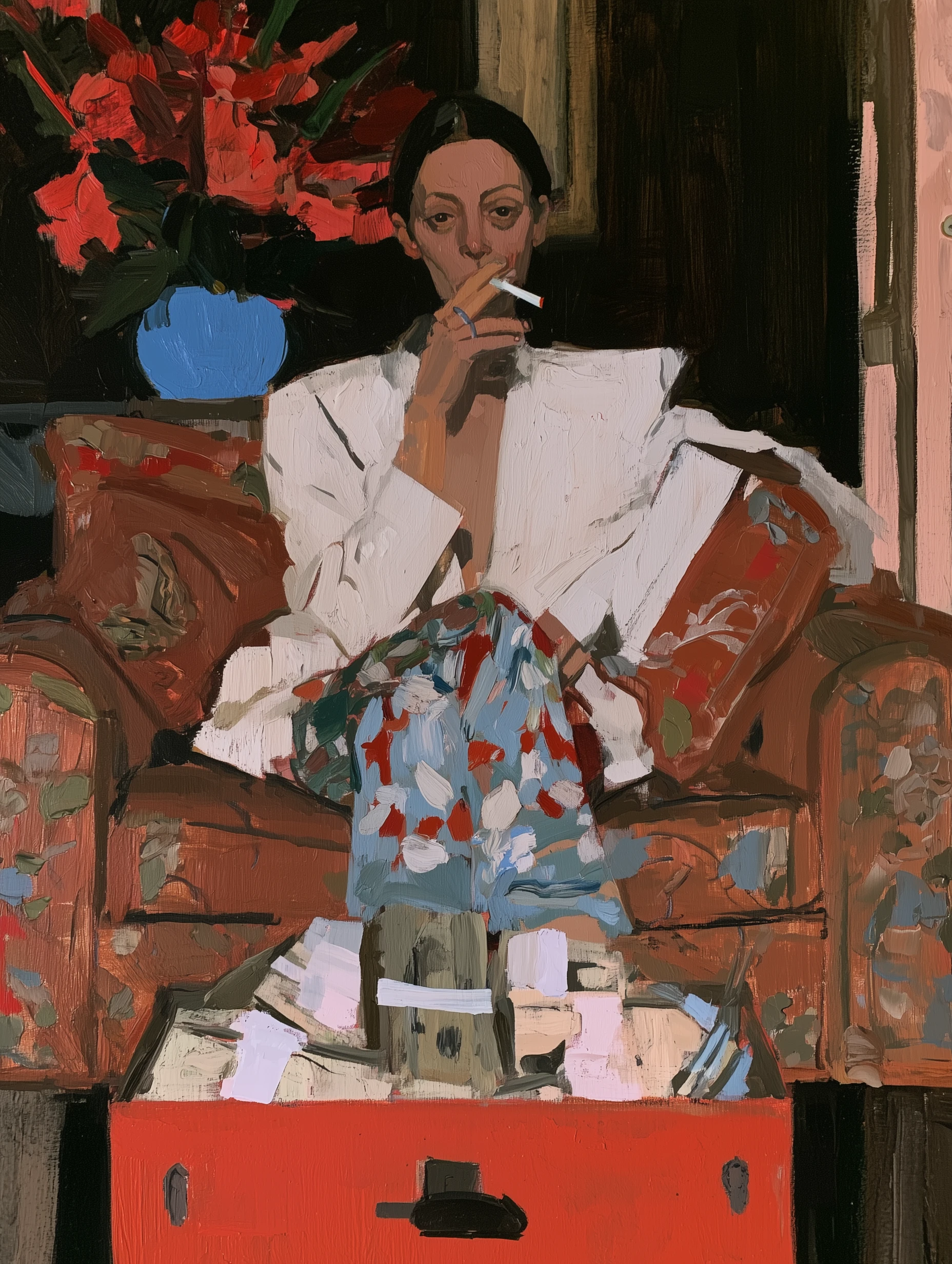 A seated woman with flowers and an open suitcase
