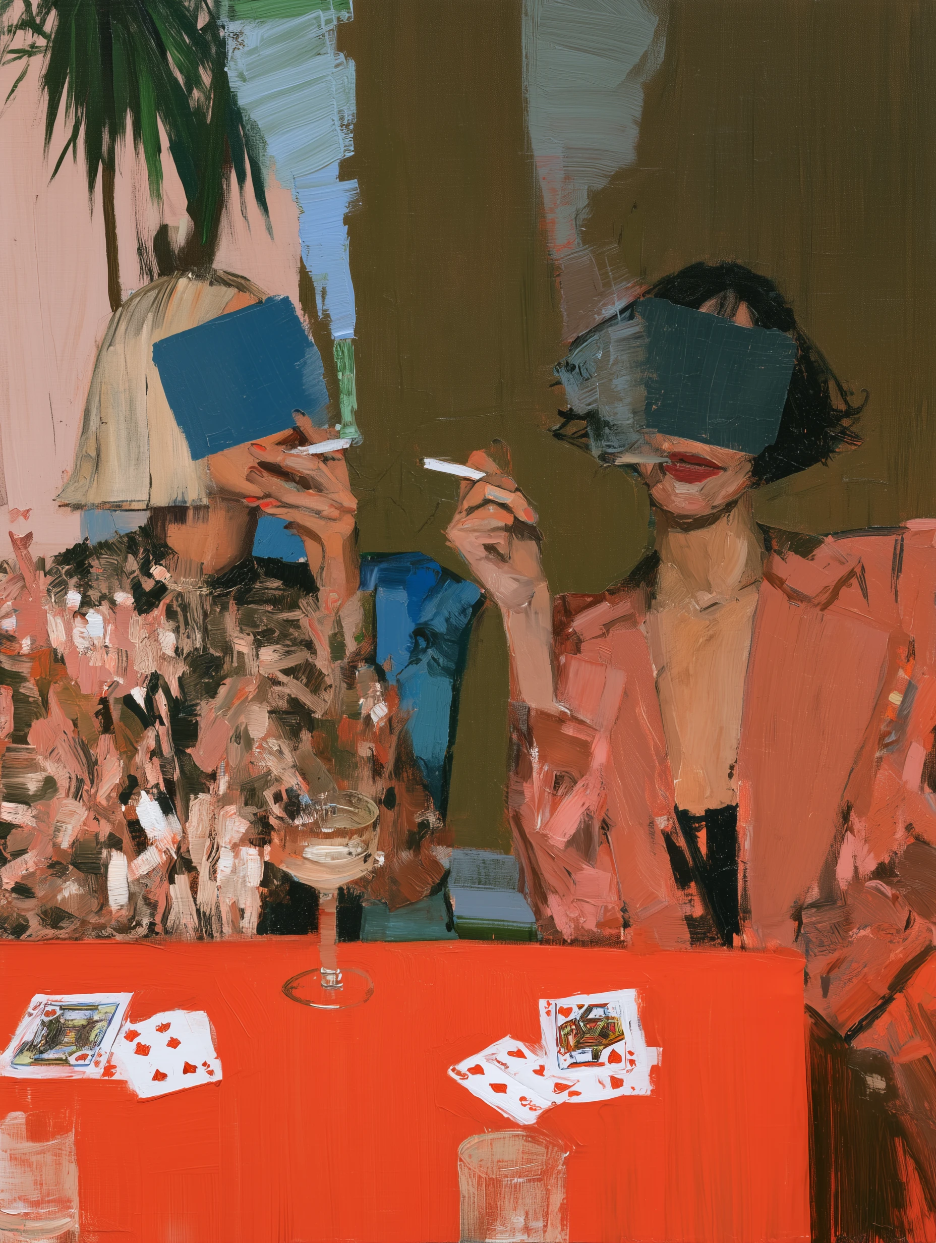 Two women at a red card table